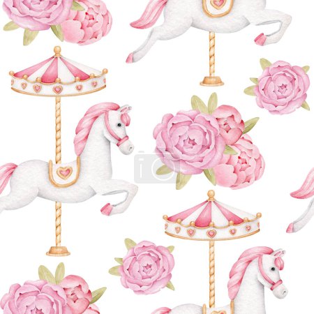 Aquarell Karussell Pferde und Pfingstrosen. Baby Print.Weißes Pferd und rosa Blumen.