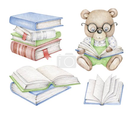 Foto de Conjunto de libros de acuarela, pequeños animales lindos, oso - Imagen libre de derechos