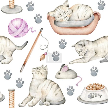 Téléchargez les photos : Chats Pattern.Watercolor Kitten.Domestic animals.Cartoon chat - en image libre de droit