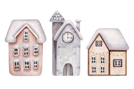 Foto de Acuarela Navidad house.Decorative casas de dibujos animados set.Winter tiempo - Imagen libre de derechos