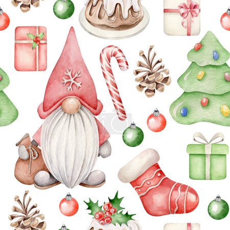 Foto de Acuarela ilustración de Navidad con Santa, árbol de Navidad, calcetín de Navidad, pudín, regalos, cono de pino, dulces, patrón de Navidad balls.New Año - Imagen libre de derechos