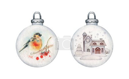 Foto de Acuarela Navidad globo de cristal. Juguete decorativo navideño con pinzón. Juguete decorativo de Navidad con casas de invierno - Imagen libre de derechos