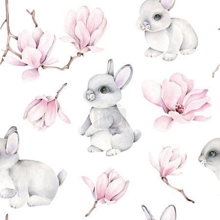 Téléchargez les photos : Lapins avec des fleurs motif sans couture .Saison de près.Magnolias roses avec lapin lapin print.Fond animal.Aquarelle lapins mignons - en image libre de droit