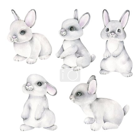 Téléchargez les photos : Lapin aquarelle lapin. Petit lapin. Lapin mignon. Lapin dessiné à la main isolé sur fond blanc. Ensemble de lapins - en image libre de droit