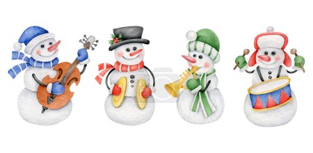 Foto de Navidad muñeco de nieve set.Snowmen con instrumentos musicales.Orchestra. - Imagen libre de derechos
