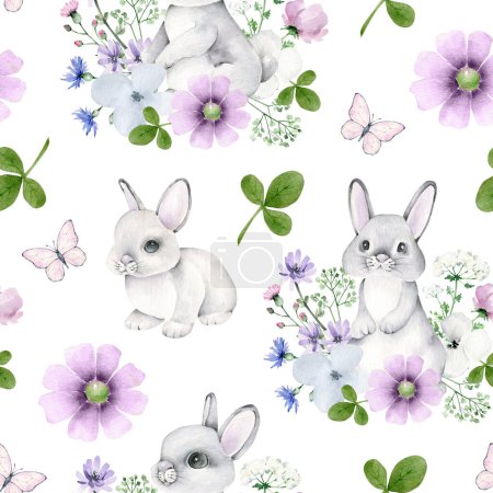 Photo for Cute watercolor rabbit and flowers seamless pattern on white background - Royalty Free Image