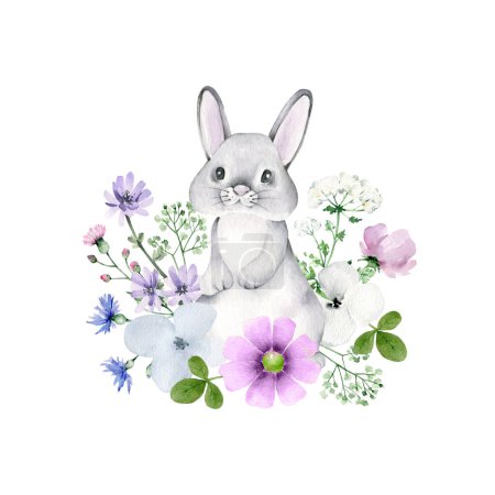 Téléchargez les photos : Lapin aquarelle avec bouquet de fleurs, isolé sur fond blanc. Lapin de Pâques peint à la main avec fleurs et feuilles - en image libre de droit