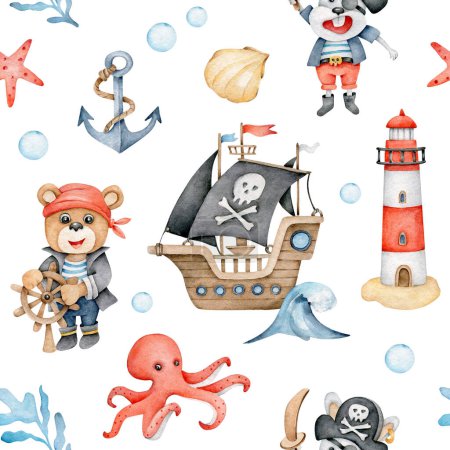 Photo for Pirates seamless pattern.Kids endless background with pirate,ship,octopus,anchor,sea star,lighthouse,wave,seaweed,shell.Watercolor cartoon pirate - Royalty Free Image