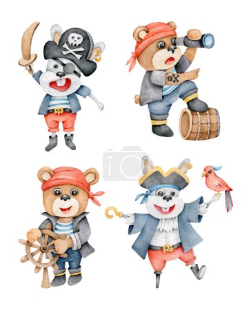 Foto de Dibujos animados piratas set.Animal pirates.Captain.Childish ilustración - Imagen libre de derechos