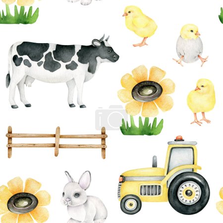 Téléchargez les photos : Animaux de ferme Pattern.farming.cow, lapin, poulet, fleur, tracteur. - en image libre de droit