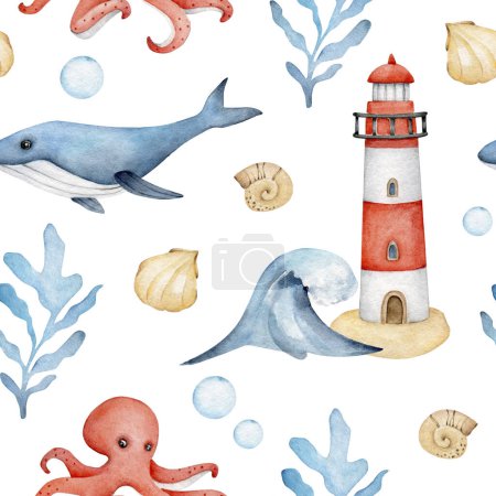 Téléchargez les photos : Aquarelle motif de mer.Phare, baleine, coquillages, vague, pieuvre, algue.Eté background.Sea life.Childish ornent.Ocean - en image libre de droit