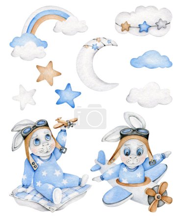 Téléchargez les photos : Ensemble bébé : lapin mignon, avion, nuage, étoile, lune, arc-en-ciel. Baby Boy.Toy plane.Endless fond de bébé. - en image libre de droit