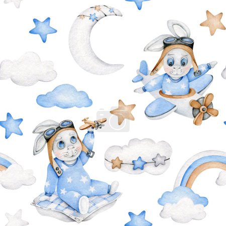 Téléchargez les photos : Bébé motif sans couture avec lapin mignon, avion, nuage, étoile, lune, arc-en-ciel. Bébé boy.Toy plane.Endless fond de bébé. - en image libre de droit