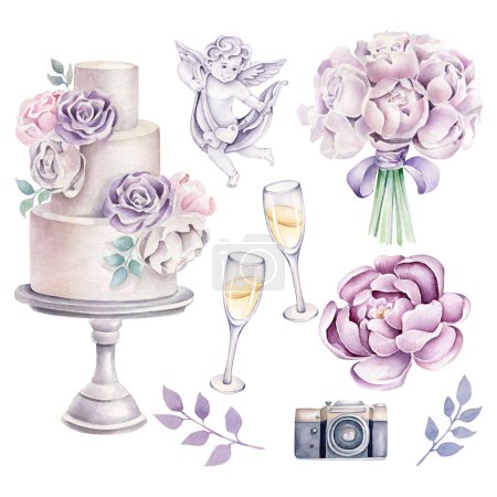 Foto de Conjunto de boda: pastel de boda, copa de champán, ángel, cámara, peonía, ramo de bodas. - Imagen libre de derechos