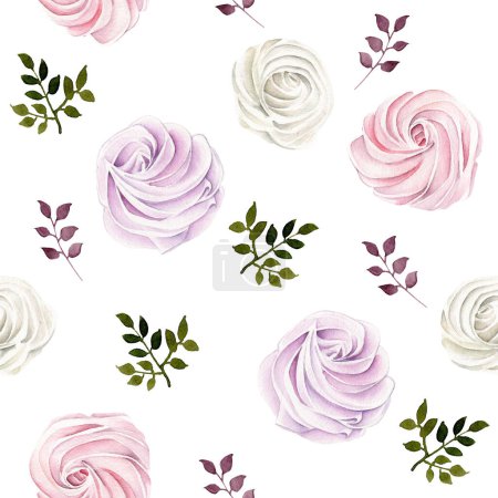 Photo for Hand drawn watercolor pattern with marshmallows and leaves. Romantic concept. Can be used as background for wedding invitations, cards - Royalty Free Image