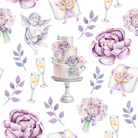 Photo for Hand drawn watercolor pattern for wedding design. Wedding cake, glass of champagne, angel, wedding rings, peony, wedding bouquet.Romantic concept, purple accent - Royalty Free Image