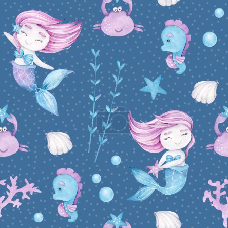 Photo for Watercolor mermaid seamless pattern.Mermaid girl,sea star, seaweed, seahorse,shell,crab,bubble.Cartoon character.Fairy.Kids fabric design.Ocean.Baby pattern.Blue background - Royalty Free Image