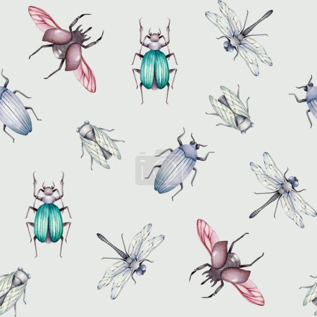 Photo for Seamless pattern with insects.Watercolor pattern with beetles.Wallpaper,wrapping paper design.Fabric endless pattern - Royalty Free Image