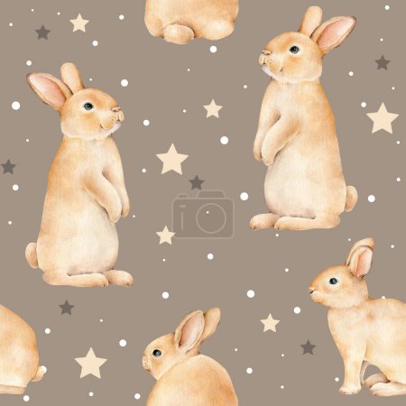 Téléchargez les photos : Motif enfants aquarelle avec des lapins et des étoiles.Conception de tissu.Tirage sans fin enfant.Rabbi aquarelle.Lapin lapin.Animaux de la ferme.Lièvre. - en image libre de droit
