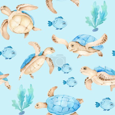 Téléchargez les photos : Aquarelle motif sans couture avec des tortues et des poissons.fond océanique. - en image libre de droit