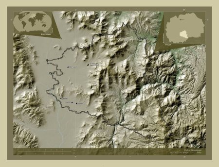 Foto de Prilep, municipio de Macedonia. Mapa de elevación coloreado en estilo wiki con lagos y ríos. Ubicaciones y nombres de las principales ciudades de la región. Mapas de ubicación auxiliares de esquina - Imagen libre de derechos