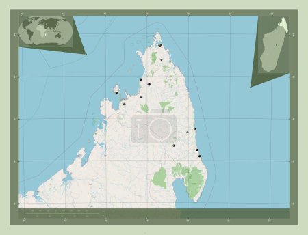 Foto de Antsiranana, provincia autónoma de Madagascar. Open Street Map. Ubicaciones de las principales ciudades de la región. Mapas de ubicación auxiliares de esquina - Imagen libre de derechos