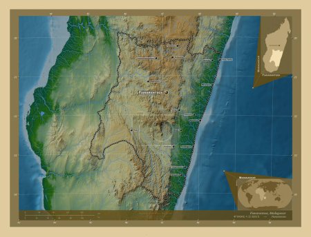 Foto de Fianarantsoa, provincia autónoma de Madagascar. Mapa de elevación de colores con lagos y ríos. Ubicaciones y nombres de las principales ciudades de la región. Mapas de ubicación auxiliares de esquina - Imagen libre de derechos