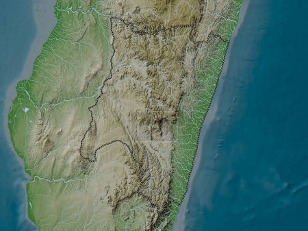 Foto de Fianarantsoa, provincia autónoma de Madagascar. Mapa de elevación coloreado en estilo wiki con lagos y ríos - Imagen libre de derechos