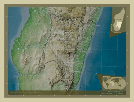 Foto de Fianarantsoa, provincia autónoma de Madagascar. Mapa de elevación coloreado en estilo wiki con lagos y ríos. Ubicaciones y nombres de las principales ciudades de la región. Mapas de ubicación auxiliares de esquina - Imagen libre de derechos