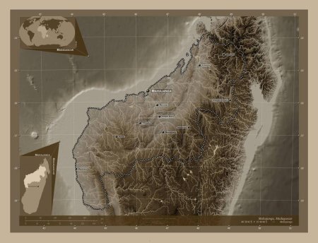 Photo for Mahajanga, autonomous province of Madagascar. Elevation map colored in sepia tones with lakes and rivers. Locations and names of major cities of the region. Corner auxiliary location maps - Royalty Free Image