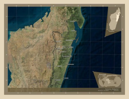 Foto de Toamasina, provincia autónoma de Madagascar. Mapa satelital de alta resolución. Ubicaciones y nombres de las principales ciudades de la región. Mapas de ubicación auxiliares de esquina - Imagen libre de derechos