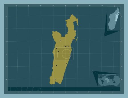 Foto de Toamasina, provincia autónoma de Madagascar. Forma de color sólido. Ubicaciones de las principales ciudades de la región. Mapas de ubicación auxiliares de esquina - Imagen libre de derechos