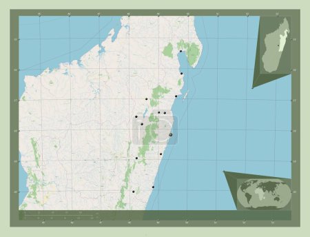 Foto de Toamasina, provincia autónoma de Madagascar. Open Street Map. Ubicaciones de las principales ciudades de la región. Mapas de ubicación auxiliares de esquina - Imagen libre de derechos