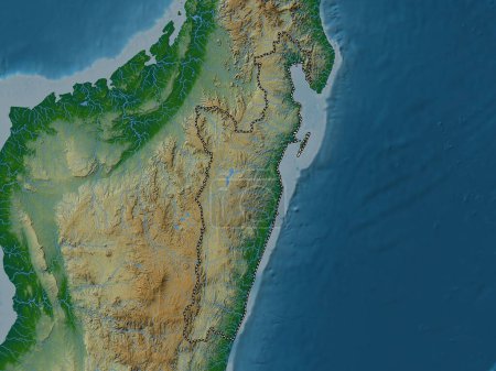 Foto de Toamasina, provincia autónoma de Madagascar. Mapa de elevación de colores con lagos y ríos - Imagen libre de derechos