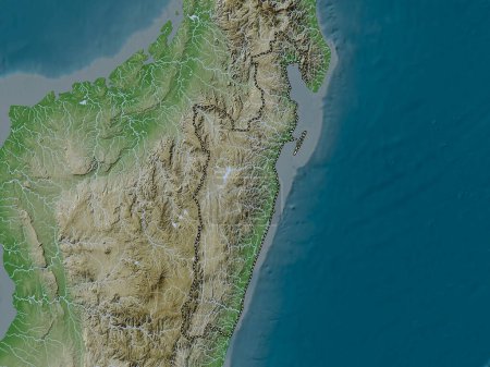 Foto de Toamasina, provincia autónoma de Madagascar. Mapa de elevación coloreado en estilo wiki con lagos y ríos - Imagen libre de derechos