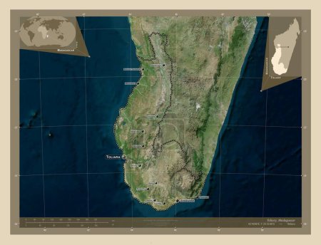 Foto de Toliary, provincia autónoma de Madagascar. Mapa satelital de alta resolución. Ubicaciones y nombres de las principales ciudades de la región. Mapas de ubicación auxiliares de esquina - Imagen libre de derechos