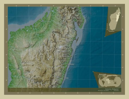 Foto de Toamasina, provincia autónoma de Madagascar. Mapa de elevación coloreado en estilo wiki con lagos y ríos. Ubicaciones y nombres de las principales ciudades de la región. Mapas de ubicación auxiliares de esquina - Imagen libre de derechos