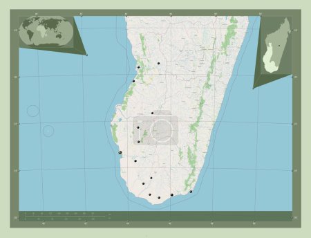 Foto de Toliary, provincia autónoma de Madagascar. Open Street Map. Ubicaciones de las principales ciudades de la región. Mapas de ubicación auxiliares de esquina - Imagen libre de derechos