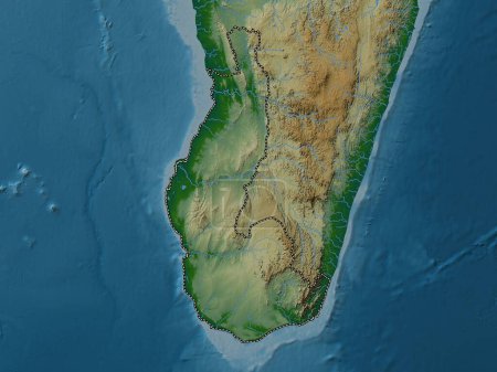 Foto de Toliary, provincia autónoma de Madagascar. Mapa de elevación de colores con lagos y ríos - Imagen libre de derechos