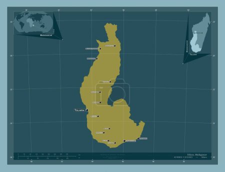 Foto de Toliary, provincia autónoma de Madagascar. Forma de color sólido. Ubicaciones y nombres de las principales ciudades de la región. Mapas de ubicación auxiliares de esquina - Imagen libre de derechos