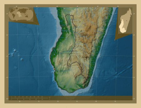 Foto de Toliary, provincia autónoma de Madagascar. Mapa de elevación de colores con lagos y ríos. Mapas de ubicación auxiliares de esquina - Imagen libre de derechos