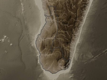 Foto de Toliary, provincia autónoma de Madagascar. Mapa de elevación coloreado en tonos sepia con lagos y ríos - Imagen libre de derechos