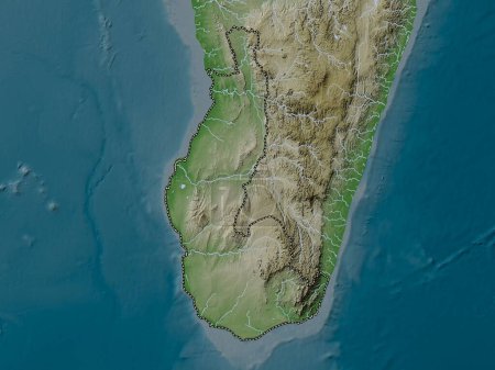 Foto de Toliary, provincia autónoma de Madagascar. Mapa de elevación coloreado en estilo wiki con lagos y ríos - Imagen libre de derechos