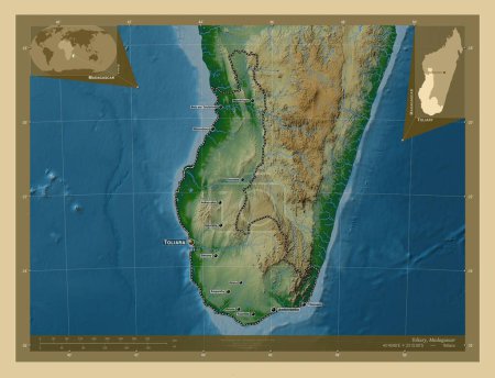 Foto de Toliary, provincia autónoma de Madagascar. Mapa de elevación de colores con lagos y ríos. Ubicaciones y nombres de las principales ciudades de la región. Mapas de ubicación auxiliares de esquina - Imagen libre de derechos
