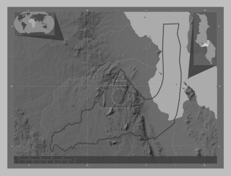 Photo for Dedza, district of Malawi. Grayscale elevation map with lakes and rivers. Locations of major cities of the region. Corner auxiliary location maps - Royalty Free Image