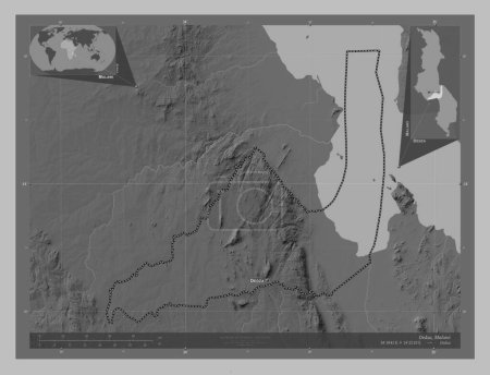 Photo for Dedza, district of Malawi. Grayscale elevation map with lakes and rivers. Locations and names of major cities of the region. Corner auxiliary location maps - Royalty Free Image