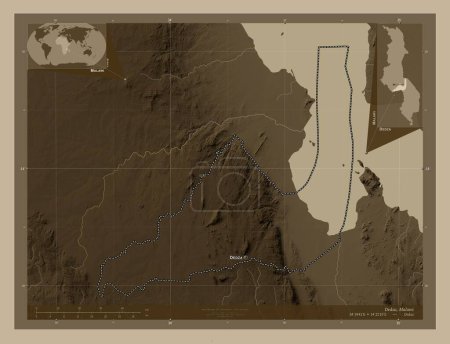 Photo for Dedza, district of Malawi. Elevation map colored in sepia tones with lakes and rivers. Locations and names of major cities of the region. Corner auxiliary location maps - Royalty Free Image