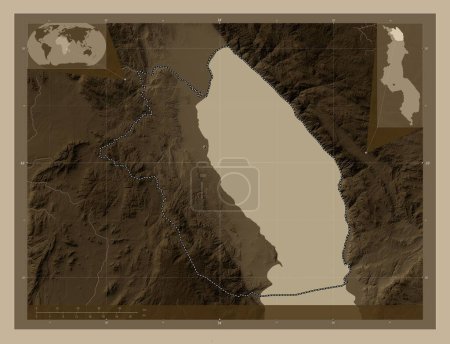 Photo for Karonga, district of Malawi. Elevation map colored in sepia tones with lakes and rivers. Corner auxiliary location maps - Royalty Free Image
