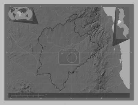 Photo for Kasungu, district of Malawi. Grayscale elevation map with lakes and rivers. Locations of major cities of the region. Corner auxiliary location maps - Royalty Free Image