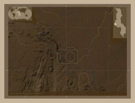 Photo for Mchinji, district of Malawi. Elevation map colored in sepia tones with lakes and rivers. Locations of major cities of the region. Corner auxiliary location maps - Royalty Free Image